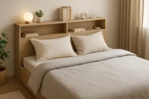 Letto matrimoniale salvaspazio con testiera attrezzata: il doppio vantaggio che semplifica la vita