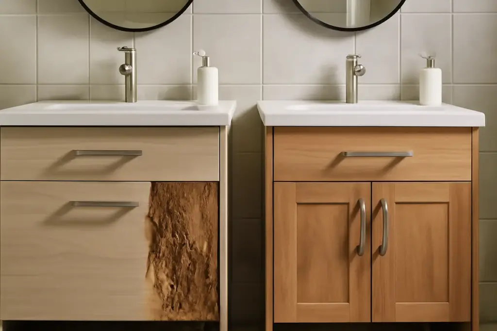 Mobile bagno in finto legno o vero legno: quale cede prima all’umidità costante