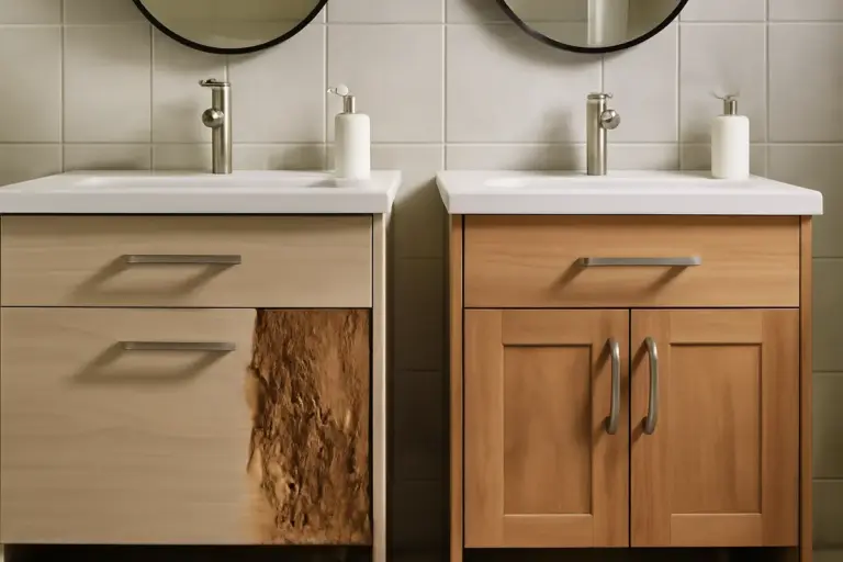 Mobile bagno in finto legno o vero legno: quale cede prima all’umidità costante