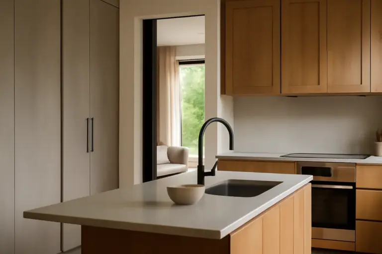 Penisola cucina aperta con colonne alte: come bilanciare privacy e continuità visiva